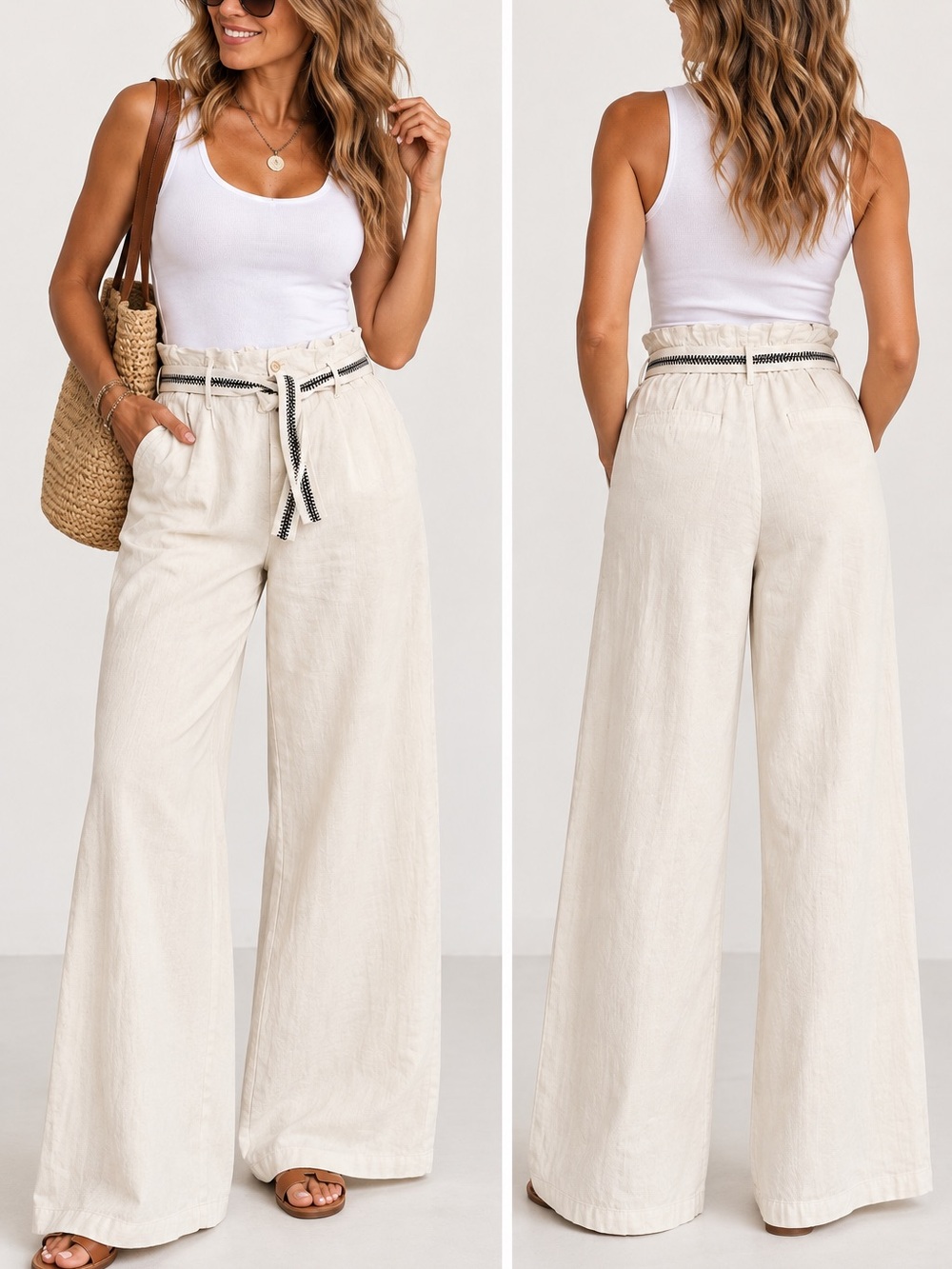 150.New High-Waist Wide Leg Paperbag Pants - Cream